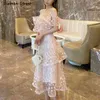 Pink Elegant Party Dresses for Woman Off The Shoulder High Waist Mesh Bodycon Dot Summer Runway Luxury 210603