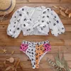 Sexy Colorful Leopard Bikini High Waist Swimsuit Short Sleeve Swimwear Bathing Suit Beachwear Biquini Female 210722