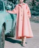 PERHAPS U Women Vintage Blue Pink Blend Coat Long Sleeve Pocket Sash Belt Turn Down Collar Button Winter C0506 210529