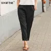 Baumwolle Leinen Große Tasche Dünne frauen Hosen Feste Elastische Taille Hose Für Frauen Sommer Gerade Weiß Homewear Hosen 211105