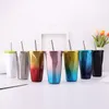 Fashion Gradient Straw Cup Tumblers Stainless Steel Diamond Thermos Cup 500ml Vacuum Mug Coffee Cup