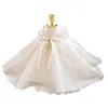 Prenses Balo Beyaz Dantel Çiçek Kız Elbise Düğünler Için Ucuz 2022 Tül Kemer Yay Düğüm Özel İlk Communion Elbise Elbise