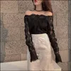 Arrivals Ladies Fashion Sexy Lacework Slash Neck Strapless Sling Chic Pullover Slim Blouse Shirt Women Lace Long Sleeves Top 210308