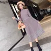 Neploe Stand Collar High Waist Hip Vestido Solid Patchwork Fake Two Pcs Knit Long Sleeve Dress Autumn Spring Pleat Ropa
