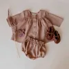 2 pcs coreano bebê algodão cardigan roupas conjunto infantil menina luva longa bow bow e calça primavera crianças roupas 210615