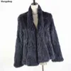 Трикотажный кролик меховой куртка Poppplar мода меховой куртка зимняя шуба для женщин * harppihop 211122