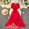 Retro Frauen Polka Dot Kleid Sommer Kurzarm Sexy V-ausschnitt Rüschen Casual Kleider Damen Koreanische Verband Lange Robe Vestidos 210525