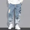 Herrbyxor Höst Graffiti Ankle Banded Jeans Koreansk stil Lös Casual Harem Män Japanska Mode Streetwear Byxor