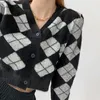 Tonngirls Preppy Style Cardigan Women Long Sleeve Knitted Argyle Cashmere Streetwear Black Sweater Winter 210914