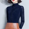 Jesień Half-High-Collar Solid Kobiety Koszule Mesh Moda Slim Patch Z Długim Rękawem Kobiety Bluzki i Topy Plus Rozmiar 7074 50 210527