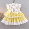 Summer Lolita Spanish Bow senza maniche Princess Ball Gown Party Dress Cute Girl Turkey Yellow Grid Rabbit For Bady Girl Q0716