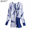 Zevity Women Vintage V Neck Bläckmålning Knitted Casual Smock Blouse Office Lady Patchwork Kimono Shirts Chic Blusas Tops LS7430 210603