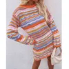 Fêmea Bodycon Manga Longa A-Linha Vestido Outono Casual O Pescoço Vestidos Multicolor Multicolor Striped Knit Crochet Sweathers Dress Y1204