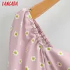 Tangada Mode Vrouwen Roze Bloemen Print Jurk Terug Lace Up Lantaarn Lange Mouw Casual Vrouwelijke Midi Jurk SY105 210609