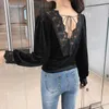 V-neck Woman Shirt Vintage Lace Women Blouse Solid Deep Pleuche Top Style Panel Long Sleeve Office Lady Clothes 10563 210527