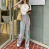 Korejpaa kobiety spodnie koreańskie lato moda krawat barwnik drukowanie szerokie spodnie nóg wysokiej talii proste rury luźne dorywczo długie spodnie 210526