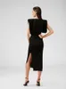 VC All New Chic Waist Hollow Out Draped Sleeves Strong Shoulder Silhouette Design Celebrity Party Midi Dress 210302
