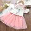 Niedźwiedź Leader Girls Unicorn Dress Summer Cute Girl Dzieciak Siatka Sukienka Cartoon Haft Vestidos Baby Clothing Odzież 210708