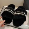 Womens designer pearl plush slippers autumn winter fashion rubber soles wear resistant no slip black white size 35-41 9969