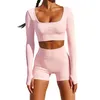 Sexy Summer Yoga Set Women Two 2 Piece Pink Long Sleeve Crop Top T-Shirt Tight Shorts Sportsuit Workout Outfit Gym Sport 210802