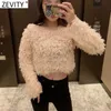 Zevity Women Fashion Feather Decoration Slim Short Sweatshirts Female Basic O Neck Knitted Hoodies Chic Pullovers Tops S626 210603