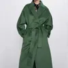 Misturas de lã feminina 2021 elegante casaco verde longo manga feminina bolso solto casacos chique jaqueta feminina inverno outono agasalhos