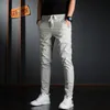 Zomer mannen elastische taille casual broek koreaanse straatkleding lichtgewicht katoen grijs slim fit broek 210715