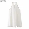 Zevity kvinnor mode kant broderi vit halter klänning kvinnlig chic ärmlös spets upp strand stil en linje sommar vestido ds8201 210603