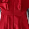 Beiyingni Office Ladies Dress Elegant Buttons Casual Slim Vintage Romance Party Women Dress Red Pink Yellow Vestidos Mujer Y0603