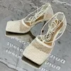 Sandalen Dames Vierkante Teen 9 cm 2021 Zomer Air Mesh Fishnet Strippy Sexy Stripper Hoge Hakken Bruiloft Bruiden Luxe Schoenen