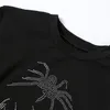 パンクヴィンテージラインストーンスパイダーグラフィックブラックTシャツモールゴスoネック半袖作物トップスe-girl美術ティース210317