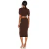 Summer Women Round Neck Bandage Dress Sexy Short Sleeve Bodycon Bare Waist Brown Celebrity Club Party Mid Calf Dress 210625