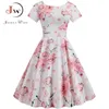 Zomer Floral Print Elegante A-lijn Party Dres Slim White Korte Mouw Swing Pin Up Vintage Jurken Plus Size Robe Femme 220311