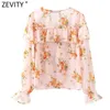 Zevity mujeres dulce plisado volantes cuello en V estampado Floral camisa Casual blusa de gasa femenina Roupas Chic Chemise Tops LS9076 210603