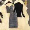 Güz Kış Pırlanta Düğmesi Tweed 2 Parça Set Kadın Yüksek Kalite Zincir Yelek Kırpma Üst Uzun Etekler Siyah Kazak Takımları 211109