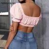 Missakso Yaz Seksi Kırpma Üst Backless Lace Up Streetwear Puf Kol Moda Kadın Derin V Boyun Pembe Beyaz Kadınlar Top 210625