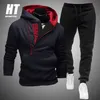 Män Tracksuit Casual 2 Pieces Set Lower Sweatshirt Hooded + Sweatpants Skriv ut Sportkläder Mens Kläder Solid Jogger Sport kostym 4xl 211109