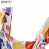 Zevity Femmes Vintage Col Carré Plissé Volants Graffiti Imprimer Mini Robe Femme Casual Robe Chic Beach Style Robes DS8384 210603