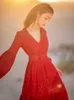 Elegante rode maxi jurken vrouw hoge taille v-hals vintage seaside vakantie reizen vrouwelijke partij vestidos lente 210603