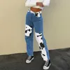 Jeans con stampa mucca patchwork Donna Y2K Pantaloni casual a vita alta Capris Harajuku anni '90 Pantaloni lunghi neri Ladies Street Q0801