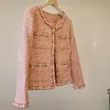 Fashion Beaded Coat Womens Autumn Winter Korean Style Single-breasted Long Sleeve Slim Fit Elegant Tweed Pink Jacket