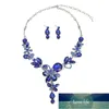 Luxury Big Blue Water Drop Flower Crystal Bridal Smycken Satser Kvinnor Utsikt Guldfärg Halsband Örhängen Set för Bröllop Fabrikspris Expert Design Kvalitet