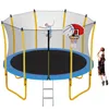 12FT Trampoline for Kids with Safety Enclosure Net, Basketball Hoop and Ladder, Easy Assembly Round Outdoor Recreational Trampolinesa50