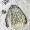 Yaz Sonbahar Kadın Rahat Mesh Desen Papatya Çiçek Baskılı Bluz Kız Gömlek Tops Kadın Gömlek Kadın 210607 için Gömlek Through