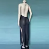 Robe femmes été 2021 nouveau Sexy licou dos nu tricot robes de plage fente Maxi robe Y1006