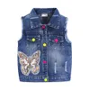 Mudkingdom Ripped Girls Denim Vest Butterfly Sequin Turn-Down Collar Autumn Jacket Kids Jean for Sparkly Clothes 210615