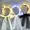 Light Up Beaded Pearl Headband Luces LED Hairband Glowing Hair Hoop Party Headwear Tiara Headpieces con velo largo