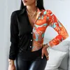 Blusas de mujer Camisas Moda Blusa con estampado floral Camisa con botones sueltos Tops Camiseta Casual Otoño Empalme Señoras Mujer Mujer Blusa de manga larga