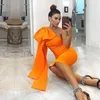 Bright Orange Mermaid Prom Dress Sexy One Shoulder Long Sleeve Bow Tea Length Party Dresses African Black Girls Evening Gala Gowns