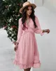 European and American fashion pearl Chiffon Dresses V-neck dot pattern trumpet sleeve women's dress